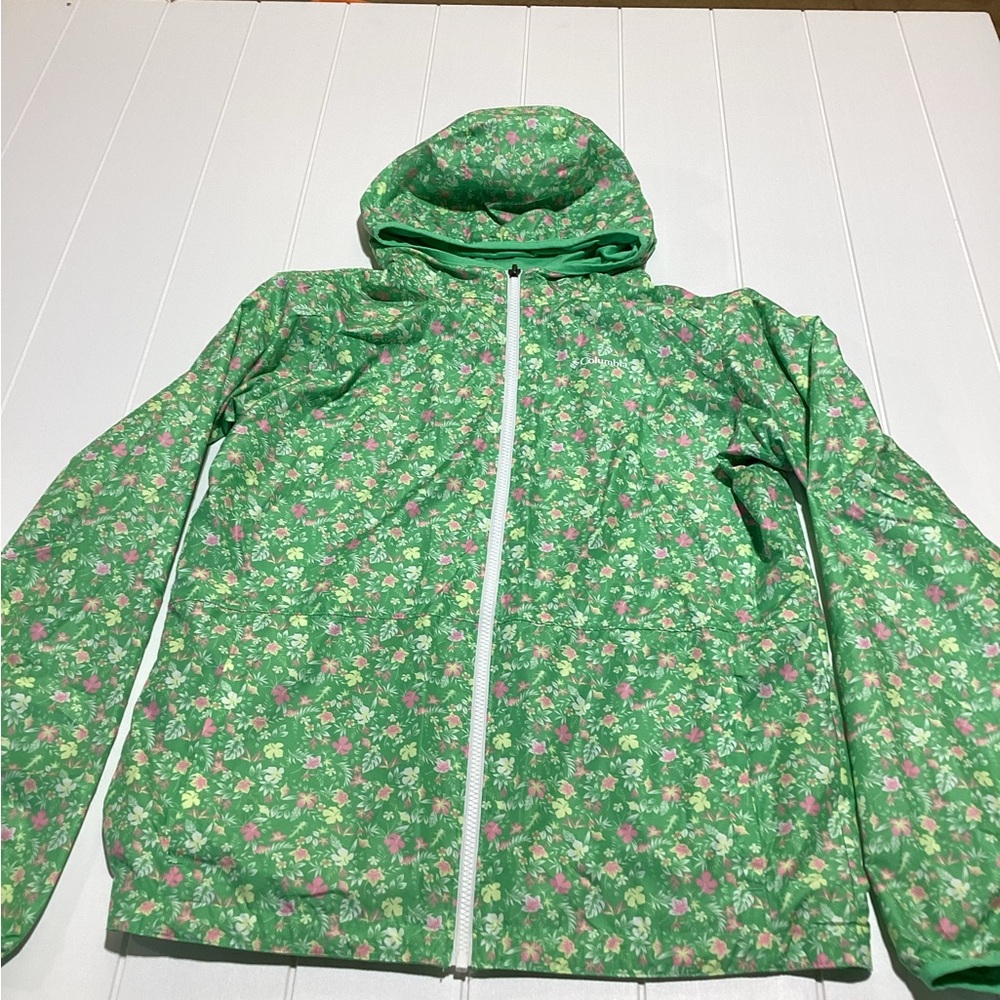 Columbia Floral Green hooded reversible windbreaker